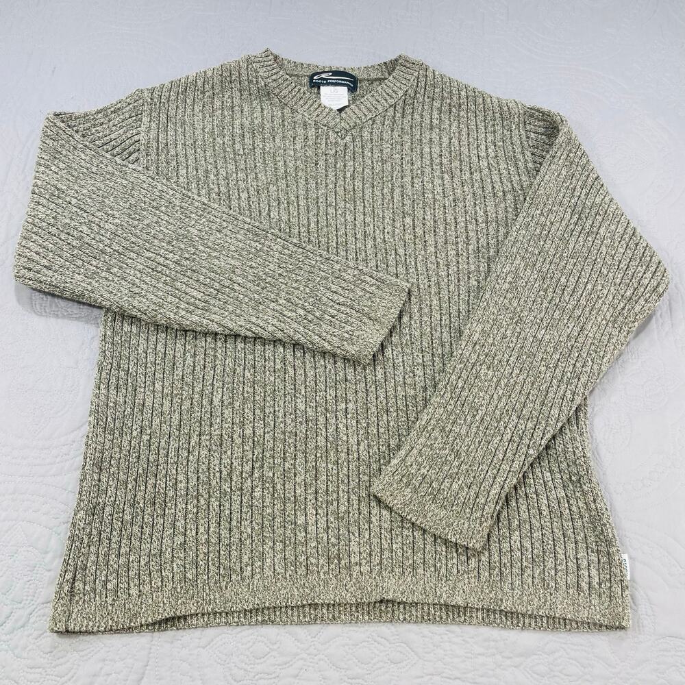 Roots Performance Knit Sweater Womens Large Grey Ribbed Waffle Canada Cotton